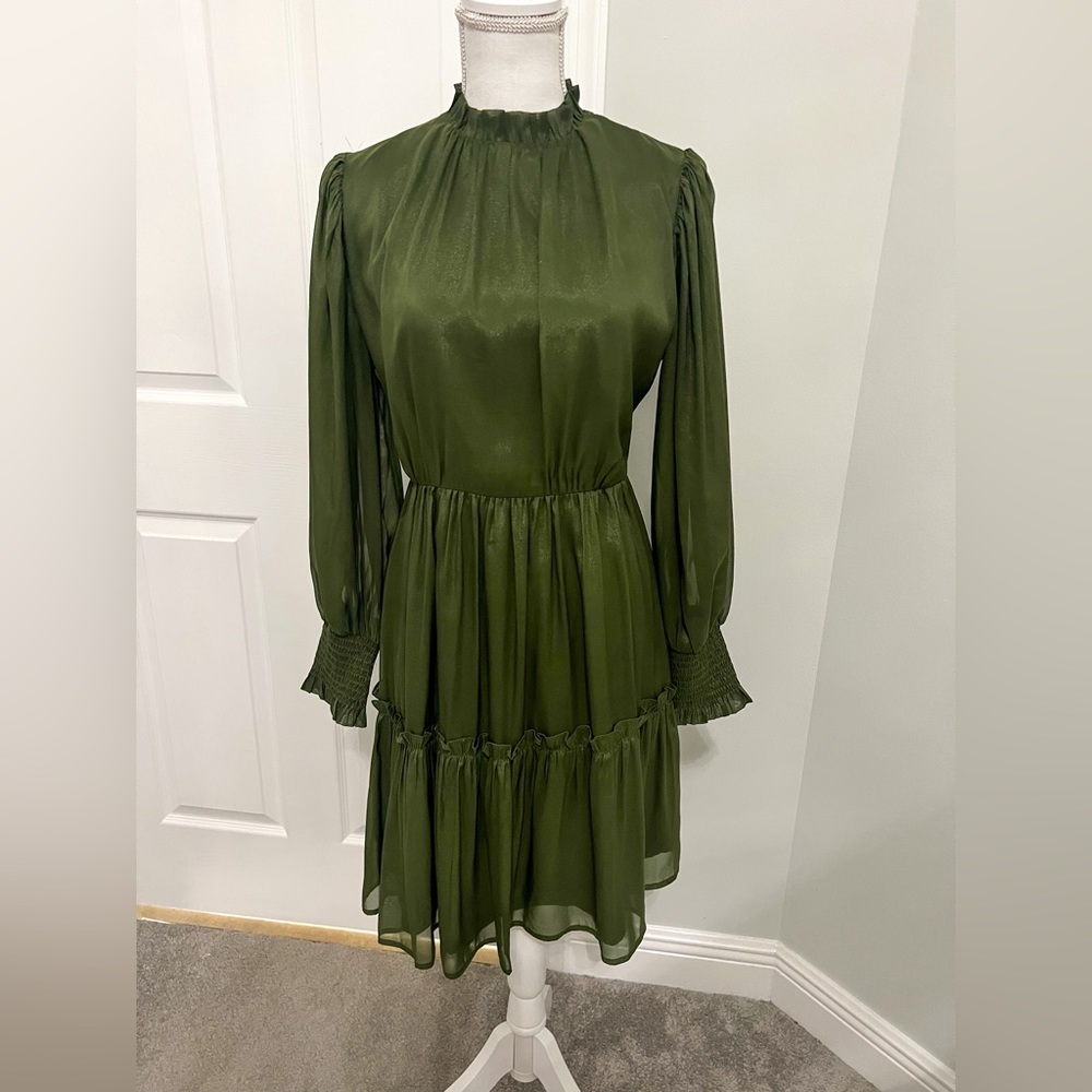 JessaKae Olive Green Long-Sleeve Ruffle Neck Dress
